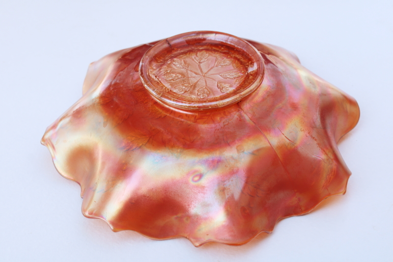 1920s vintage carnival glass bowl, Fenton Holly berry pattern marigold orange luster