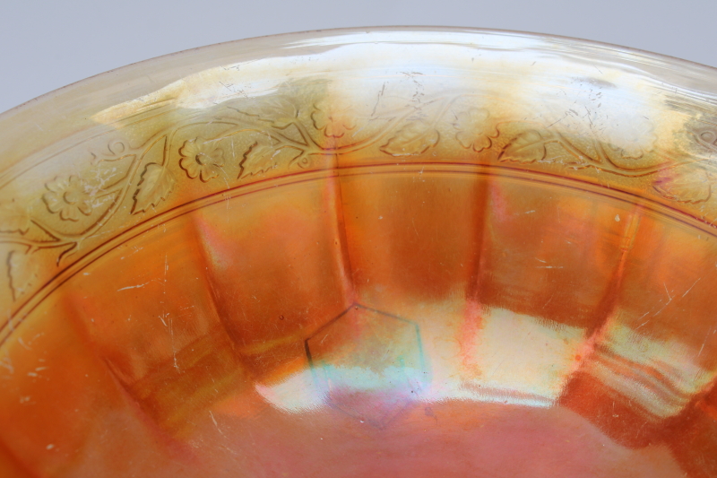 1920s vintage carnival glass bowl, Imperial floral band pattern marigold orange iridescent color