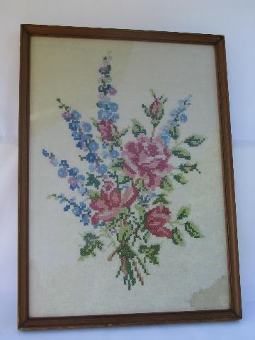 1920s vintage framed embroidery, roses floral bouquet embroidered picture