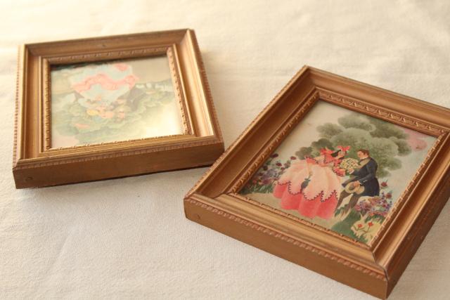 1930s 40s vintage Gone With The Wind style prints in tiny gold wood frames