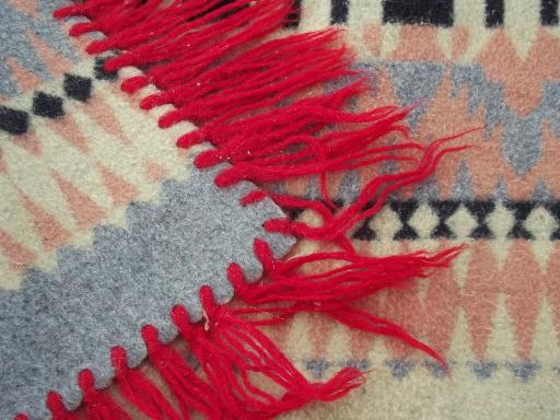 1930s 40s vintage Indian pattern cotton camp blanket w/ red wool fringe