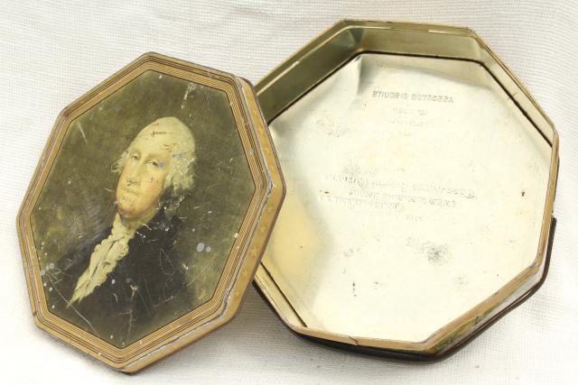 1930s 40s vintage candy box tin sewing basket w/ George Washington portrait