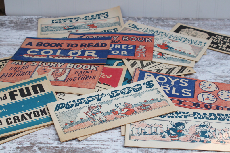 1930s 40s vintage coloring books, lot unused newsprint paper picture books to paint or color