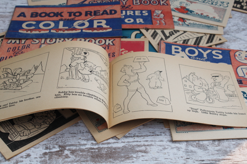1930s 40s vintage coloring books, lot unused newsprint paper picture books to paint or color