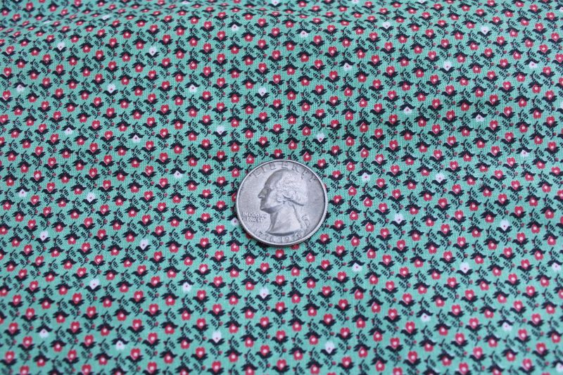 1930s 40s vintage cotton calico fabric, tiny flowered print pale jade green  barn red