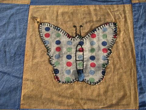 1930s - 40s vintage cotton prints quilt top, butterflies in applique w/ embroidery