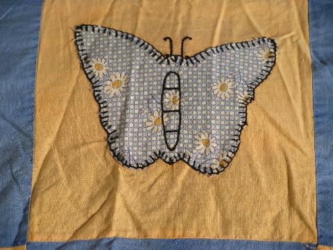 1930s - 40s vintage cotton prints quilt top, butterflies in applique w/ embroidery