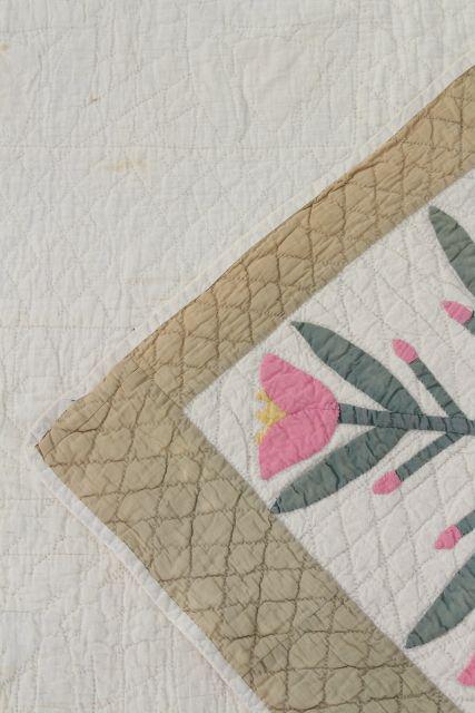 1930s 40s vintage flour sack feedsack cotton quilt, pink tulip applique