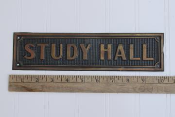 1930s 40s vintage metal Study Hall door sign, old school plaque antique brass architectural salvage