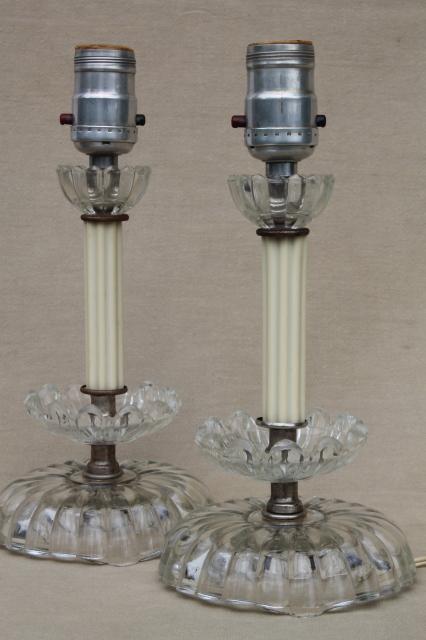 1930s 40s vintage pair boudoir lamps, pressed glass art deco water lily flowers