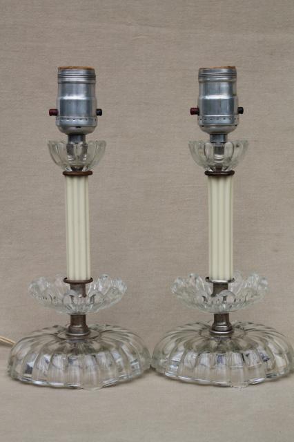 1930s 40s vintage pair boudoir lamps, pressed glass art deco water lily flowers