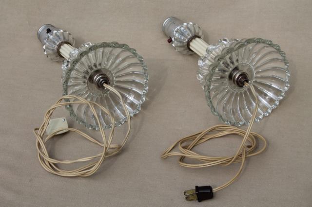 1930s 40s vintage pair boudoir lamps, pressed glass art deco water lily flowers