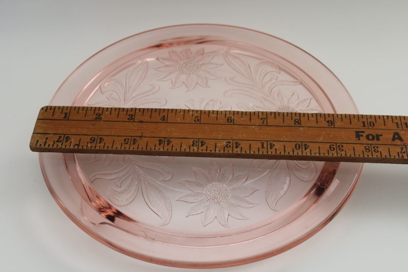 1930s 40s vintage pink depression glass cake plate, Jeannette sunflower pattern