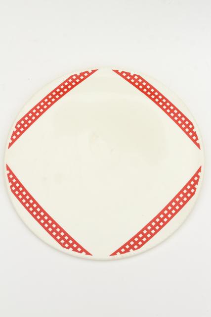 1930s 40s vintage red checked gingham china cake plate, round serving tray or platter