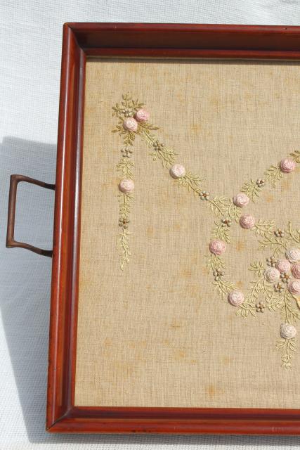 1930s 40s vintage wood tray frame w/ embroidered linen, french knots & bouillon stitch roses
