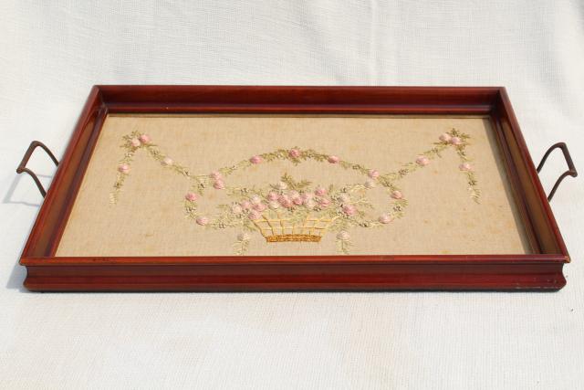 1930s 40s vintage wood tray frame w/ embroidered linen, french knots & bouillon stitch roses