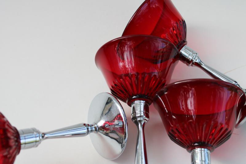 1930s New Martinsville ruby red cocktail glasses, art deco chrome stems Farberware
