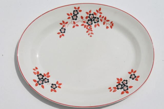 1930s art deco vintage pottery platter, red band & vines w/ black flowers kitchen china