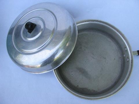 1930s deco vintage aluminum cookware, saute & sauce pans w/lids
