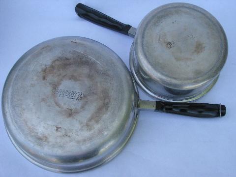 1930s deco vintage aluminum cookware, saute & sauce pans w/lids