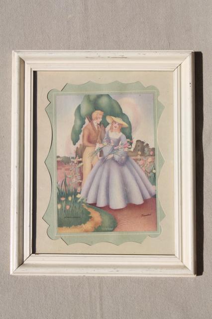 1930s or 40 vintage framed pictures, Gone With The Wind romantic prints in pastel colors