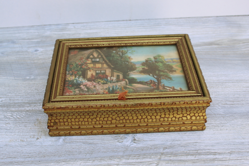 1930s or 40s vintage wood jewelry / trinket box, cottage scene litho print in frame