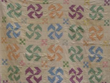 1930s pinwheel quilt, primitive vintage cotton flour sack fabric patchwork