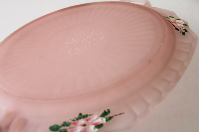 1930s vintage Anchor Hocking Mayfair pink depression frosted glass cake plate hand painted