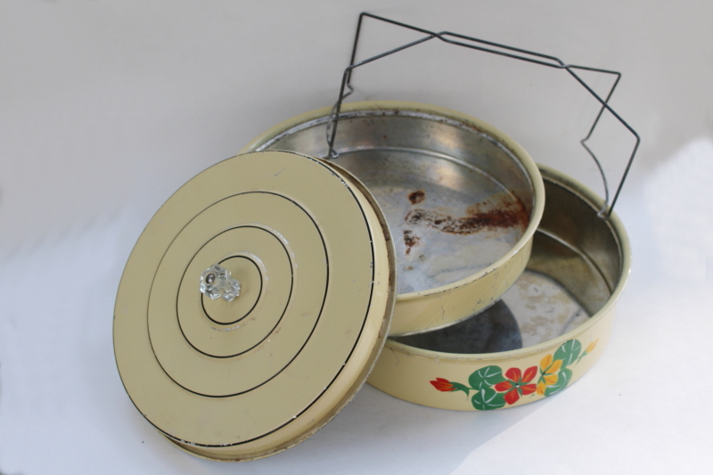 1930s vintage Carlton metal cake carrier keeper tin, hand painted nasturtiums