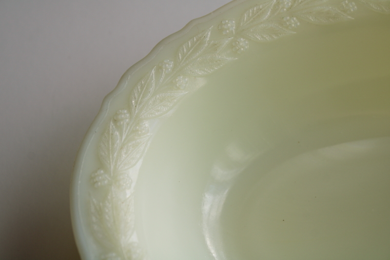 1930s vintage McKee french ivory laurel pattern bowl, uranium green glow depression glass