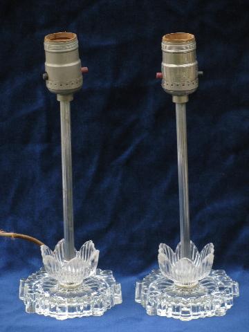 1930's vintage art deco glass boudoir lamps, water lily flowers