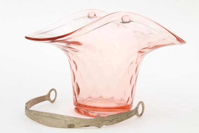 1930s vintage art deco glass brides basket w/ silver plated handle, pink depression glass