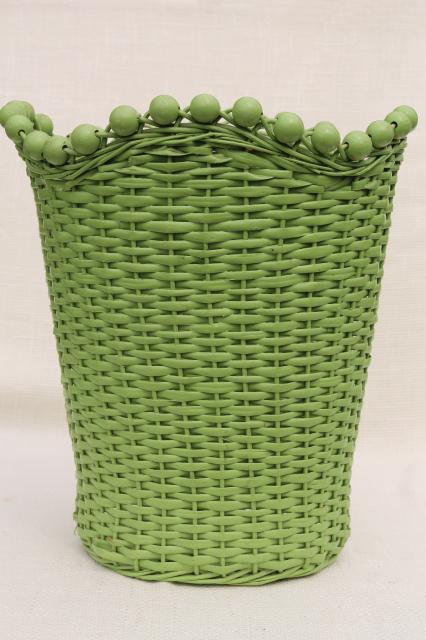 1930s vintage beaded wicker wastebasket w/ old jade green paint, shabby cottage chic