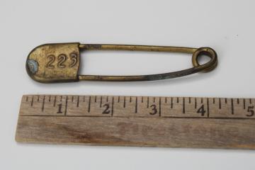 1930s vintage brass key tag, industrial style large safety pin w/ embossed number 223