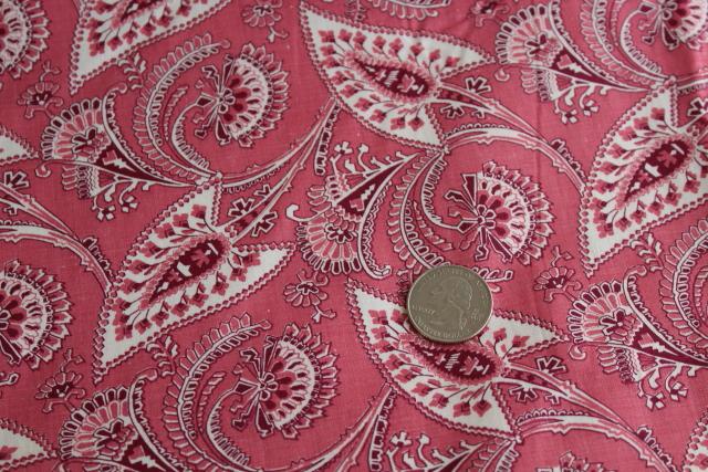 1930s vintage cotton fabric, elegant paisley type leaf print in rose pink