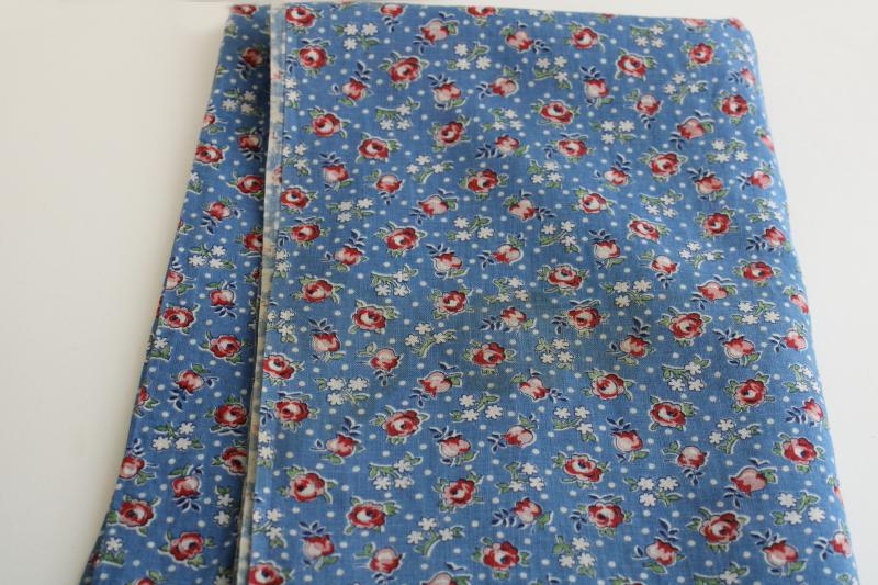 1930s vintage fabric, fine light cotton lawn w/ tiny floral print pink on blue