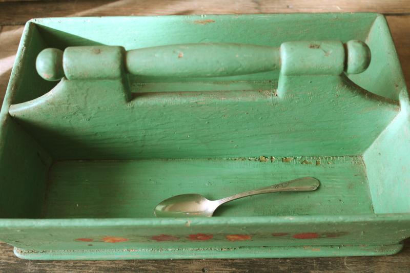 1930s vintage flower decal green painted wood flatware box, tote w/ handle