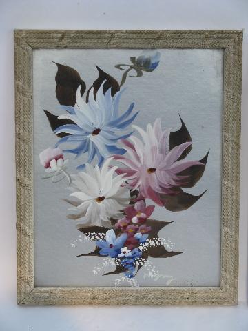 1930's vintage framed floral pictures, hand-painted flowers on silver