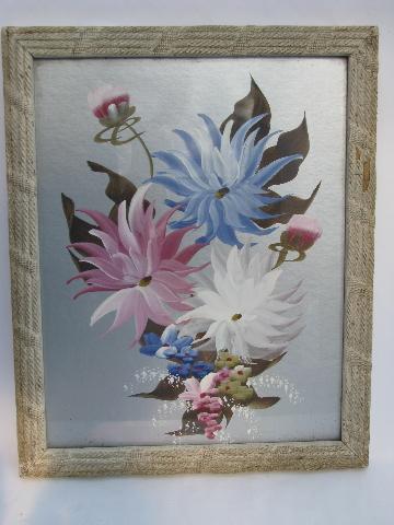 1930's vintage framed floral pictures, hand-painted flowers on silver