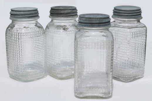 1930s vintage glass canning jars, square waffle glass hoosier canisters w/ zinc lids
