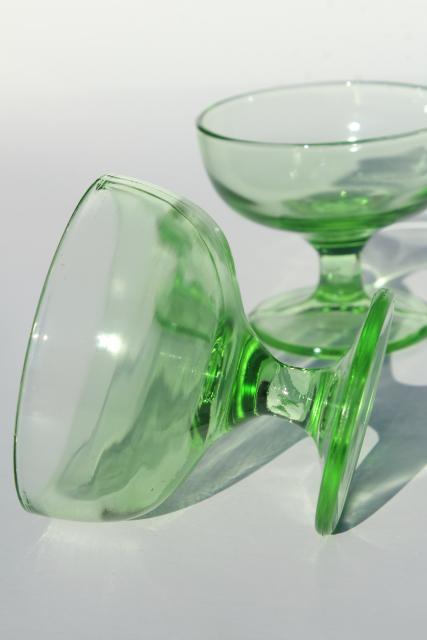 1930s vintage green depression glass sherbets or ice cream bowls, soda fountain dishes