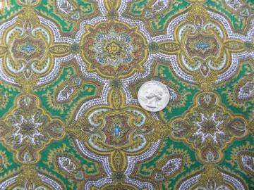 1930s vintage green & gold paisley print cotton fabric, 36'' wide