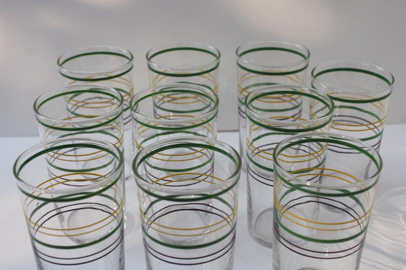 1930s vintage jade green yellow black ring band drinking glasses, depression glass tumblers