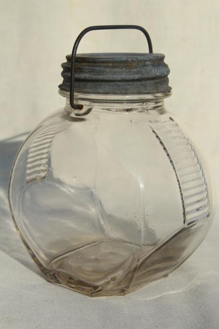 1930s vintage kitchen canister, old glass candy jar w/ wire bail handle, zinc lid