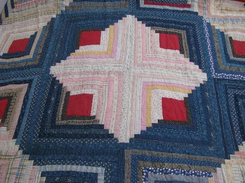 1930's vintage log cabin pattern patchwork quilt, old cotton prints