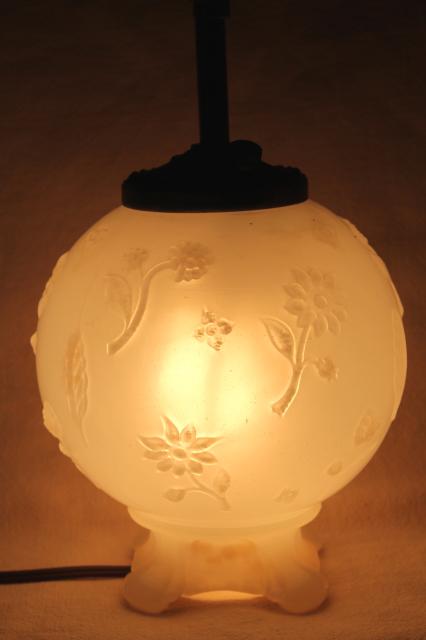 1930s vintage opalescent glass table lamp, round globe boudoir lamp base lights up