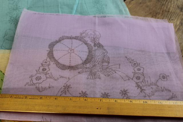 1930s vintage organdy pillow covers to embroider, pastel tinted embroidery hat lady w/ flowers