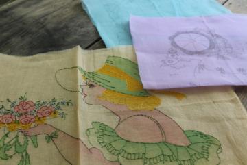 1930s vintage organdy pillow covers to embroider, pastel tinted embroidery hat lady w/ flowers