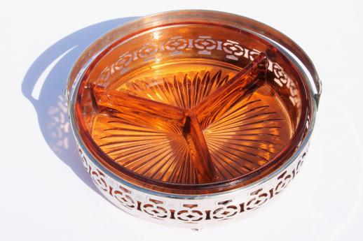 1930s vintage pink depression glass divided relish dish w/ art deco metal basket server