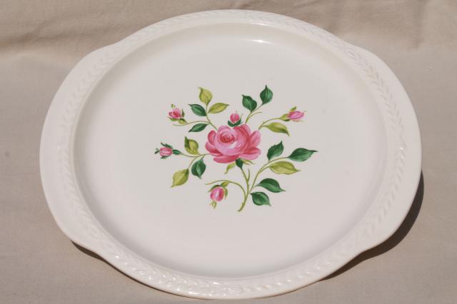 1930s vintage pink rose floral cake plate w/ tray handles, Laurella Universal pottery